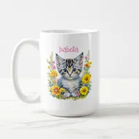 Personalized Gray Kitten and Flowers Watercolor Coffee Mug