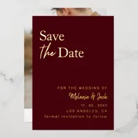 Burgundy Simple Calligraphy Photo Save The Date Foil Invitation