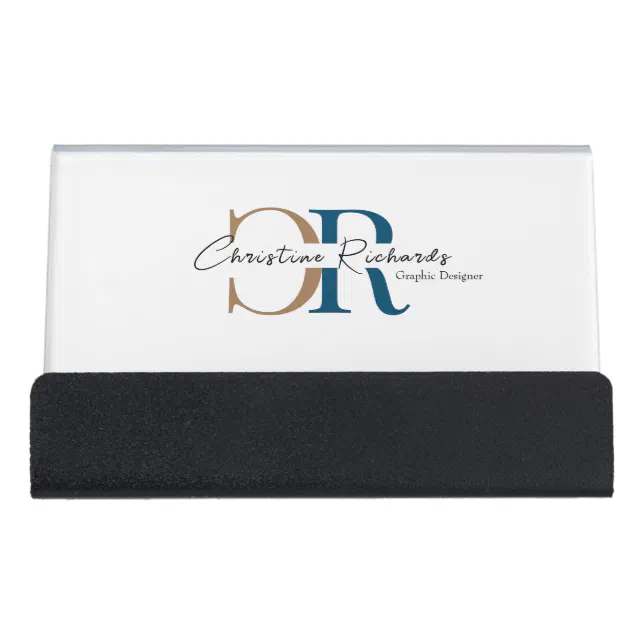 Simple Modern Blue Gold Monogram Desk Business Card Holder