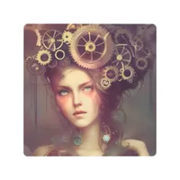 A fantasy woman with steampunk gears on her head metal print