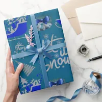 Blue & Silver Let It Snow on Blue | Wrapping Paper