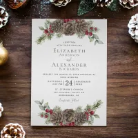 Watercolor Winter Berries Pine Christmas Wedding Invitation