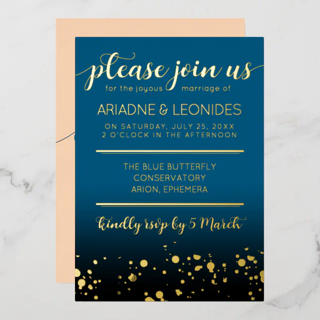 Elegant Peach Oceanic Blue Wedding A New Chapter Foil Invitation