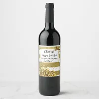 Happy New Year Gold Confetti and Bow Wine Label