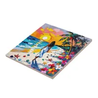 Woman on Beach Tropical Scene Ceramic Tile
