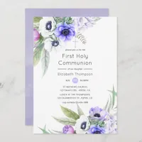 Pastel Violet and Plum Floral Holy Communion Invitation
