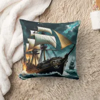 Pirate Ship Sailing Through Stormy Seas at Dusk Throw Pillow