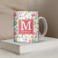 Colorful Bohemian Spring Flowers Coral Monogram Coffee Mug