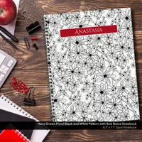 Hand Drawn Floral Black White Pattern & Red Name Notebook