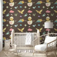 Cute Baby Dinosaurs Pink Clouds & Brown Nursery Wallpaper