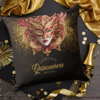 Masquerade Motif Quinceanera Red Gold V2 ID1031 Throw Pillow