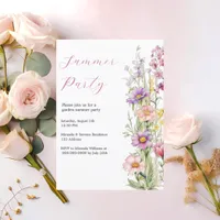 Summer party garden flowers pink purple invitation