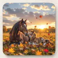 A Mama Horse and her Foal in Autumn Beverage Coaster