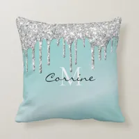 Monogram Aqua Blue Foil + Silver Dripping Glitter Throw Pillow