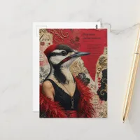 Silly Woodpecker in a black dress fantasy collage Postcard