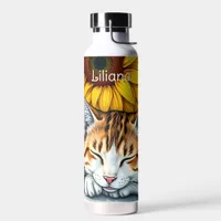 Sweet Sleepy Kitty Cat and Sunflowers Personalized Water Bottle