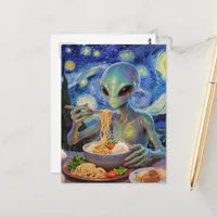 Scifi Blue Alien Eating Noodles and Veggies Postcard
