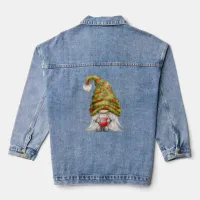 Gnome Wearing Strawberry Knit Hat and Jam Womens Denim Jacket