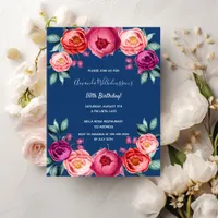 Birthday floral blue rose gold pink invitation postcard
