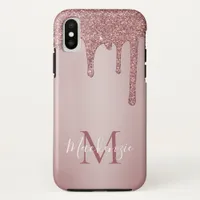 Chic Girly Pink Glitter Drips Monogram iPhone XS Case