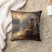 Native American Woman Sitting By Water With Wolf Throw Pillow