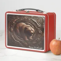 Roaring Grizzly: Leather Engraved Strength Metal Lunch Box