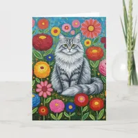 Fluffy Gray Striped Cat with Folk Art Flowers Card