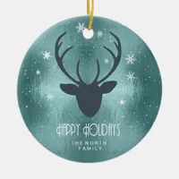 Deer Antlers Silhouette & Snowflakes Teal ID861 Ceramic Ornament