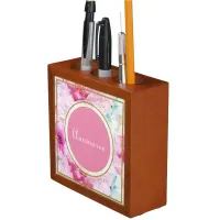 Pretty Custom Name Floral Pink and Gold Desk Organizer