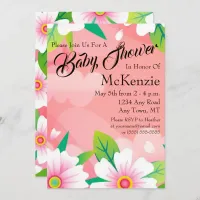 White Flowers With Greenery On Pink Baby Shower In Invitation