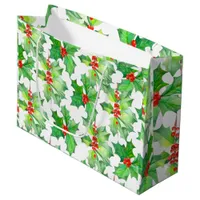 Holly Leaves, Berries, Red, Green Floral Christmas Large Gift Bag