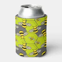 Cartoon Bee Hive Grey Green Can Cooler