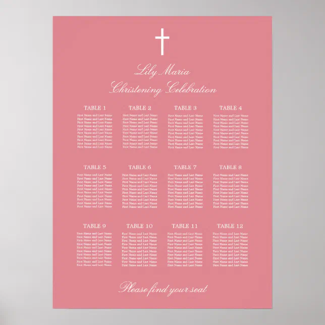 Pink 12 Table Christening Seating Chart Poster