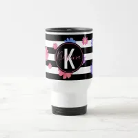 Trendy Floral Black & White Stripes Personalized Travel Mug