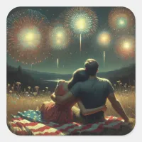 Couple Cuddling under the Fourth of July Fireworks Square Sticker