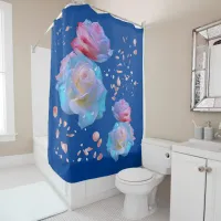 Water Droplets on Pink & Blue Roses on Blue | Shower Curtain