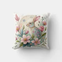 Pastel Bunny with Flowers Throw Pillow