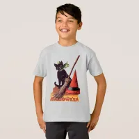 Vintage Black Halloween Cat Witch Hat Broom Kids' T-Shirt