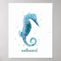 Blue Seahorse Watercolor Nautical Named Poster