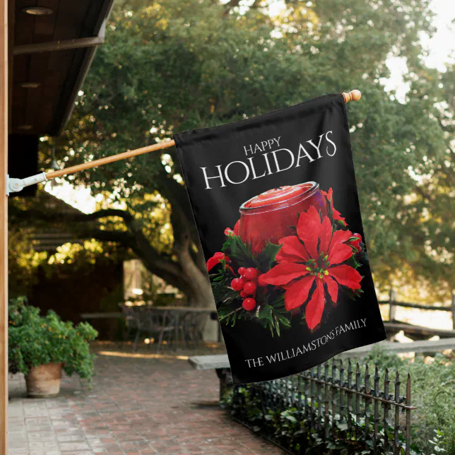 Festive Red Christmas Candle Holly Poinsettias House Flag