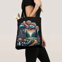 Retro Mushrooms and Disc Golf Course Ai Art Tote Bag