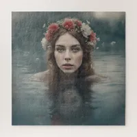 Woman With Flowers on her Head Floating in a Pond Jigsaw Puzzle