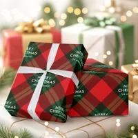 Merry Christmas Red Green Tartan Brand Family Name Wrapping Paper