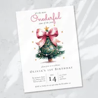 Coquette Christmas Tree Bow Onederful 1st Birthday Invitation