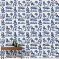 Blue Ink Lions and Savannah Wallpaper