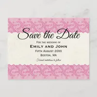 Pink Faux Lace/Cream Parchment Save The Date Announcement Postcard