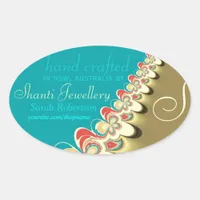 Tropical Beach Aqua + Gold Label Oval Sticker