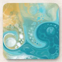 Ocean Blue Waves and Sandy Brown Fluid Art   Beverage Coaster
