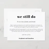 Wedding Postpone We Still Do COVID Script White Announcement Postcard