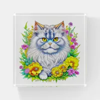 Persian Cat in Yellow and Pink Flowers Paperweight